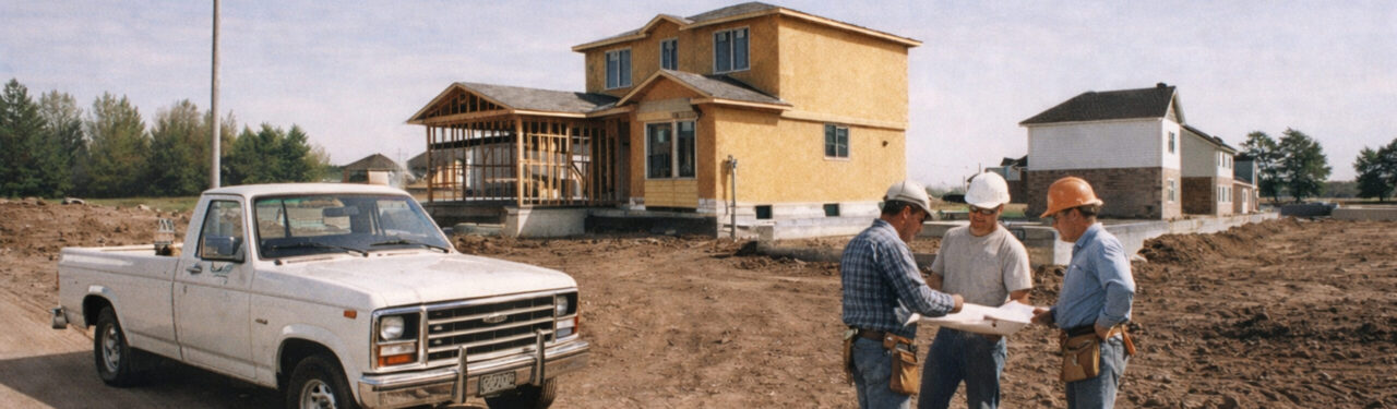 1980s vintage image of DeSantis Developments contruction site with a white Ford F150 and three construction workers reviewing house plans.