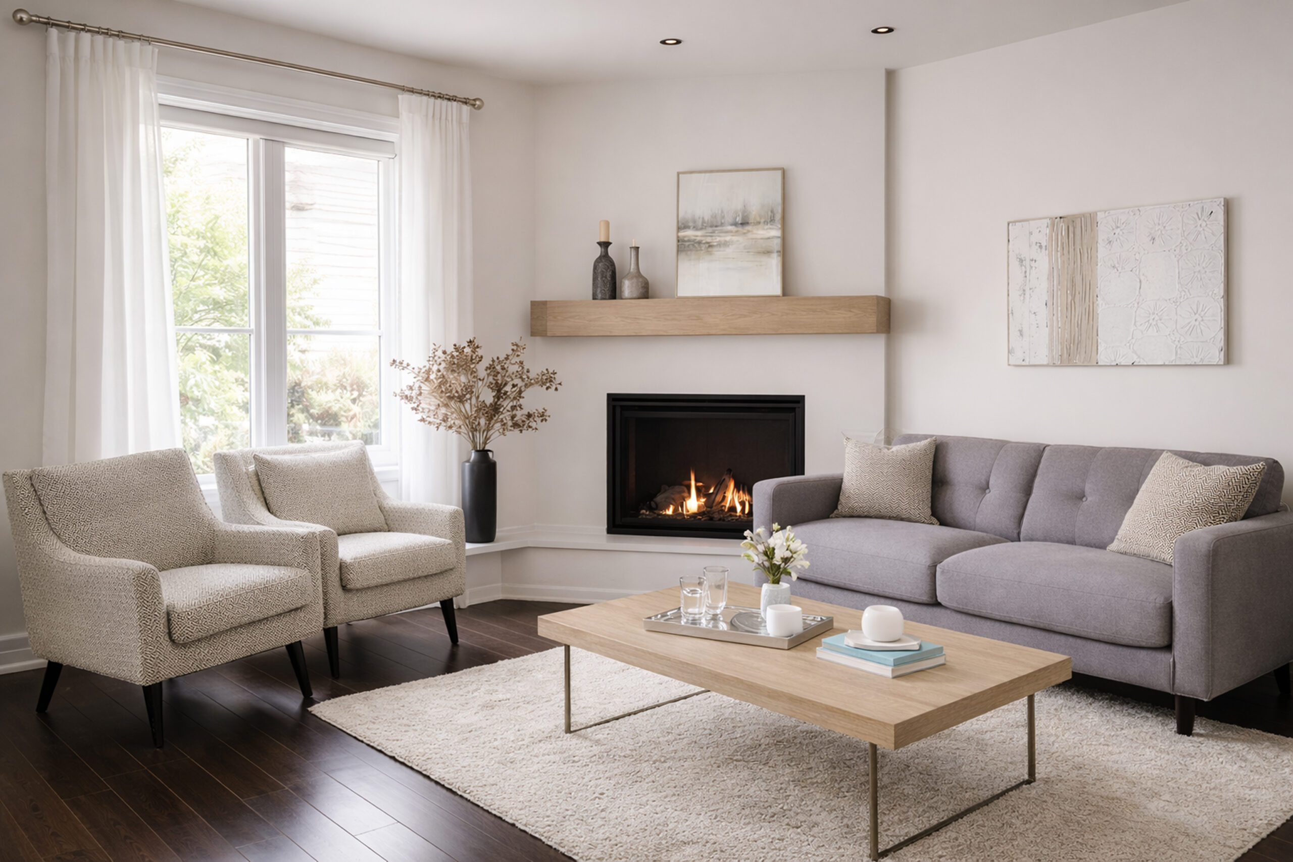 Inviting living room with farmhouse vibes. Warm fireplace, oak mantel and furniture accents with clean-lined furniture.