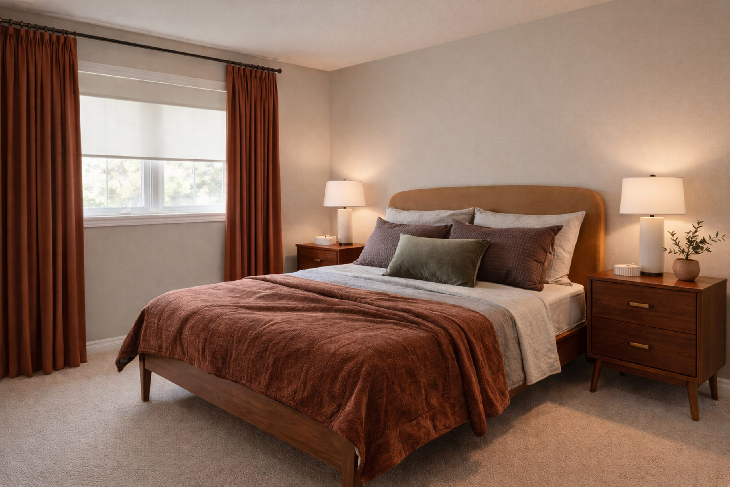 Organic modern designed bedroom in earthy tones and walnut furniture.