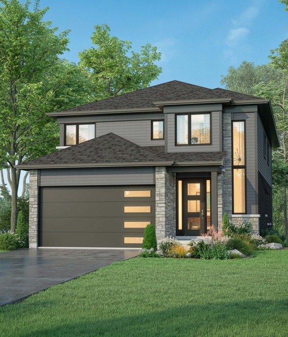 Desantis Developments The Crossings II home illustration. Lush lawn and mature trees frame a modern home with stone and vinyl siding.