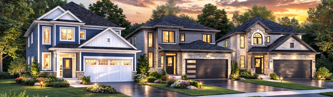 DeSantis Developments The Crossings II illustration of homes on street at dusk